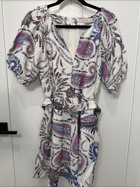 LOFT White Paisley Puff-Sleeve Tie-Waist Mini Dress with Pink and Blue Accents